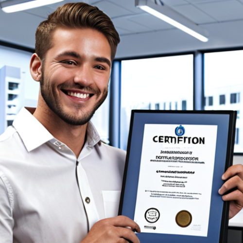Home 23 **
A confident young professional smiling, holding a Mechanical Design Certification. The background shows a modern engineering office with blueprints and computer screens. Emphasis on success and career advancement.
**