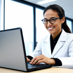 ** A female engineer in a fully clothed, professional outfit, working on a laptop in a brightly lit, modern engineering lab. She is smiling slightly, focused on her work. Safe for work, appropriate content, perfect anatomy, natural pose, professional.

**