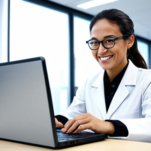 Home 21 ** A female engineer in a fully clothed, professional outfit, working on a laptop in a brightly lit, modern engineering lab. She is smiling slightly, focused on her work. Safe for work, appropriate content, perfect anatomy, natural pose, professional.
**