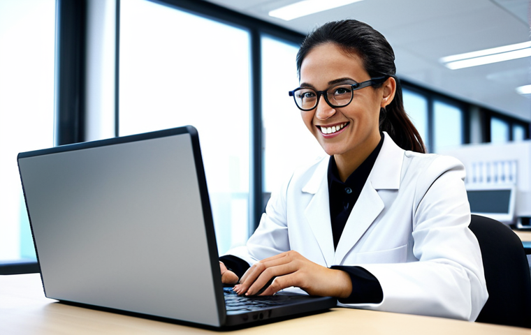 ** A female engineer in a fully clothed, professional outfit, working on a laptop in a brightly lit, modern engineering lab. She is smiling slightly, focused on her work. Safe for work, appropriate content, perfect anatomy, natural pose, professional.

**